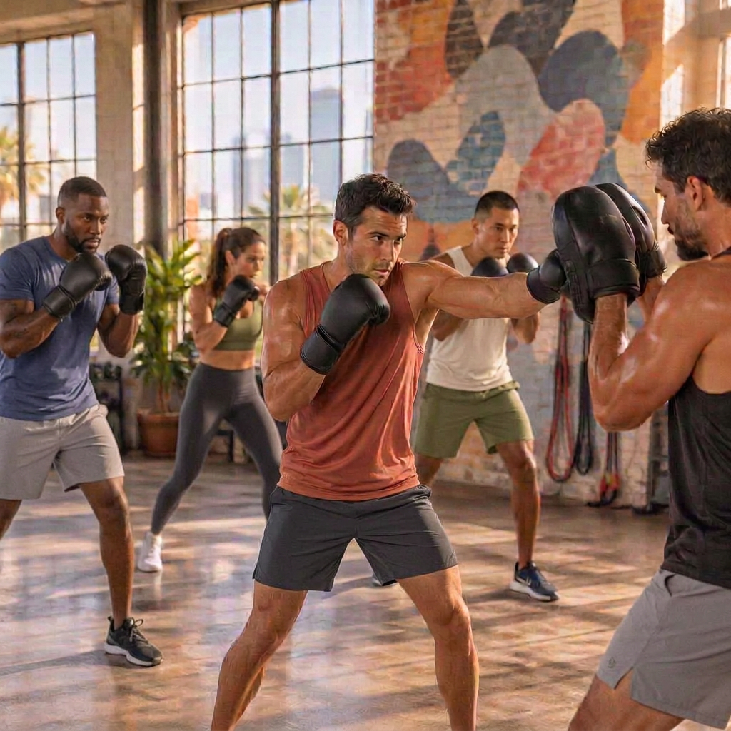 A boxing class working through pads and combinations