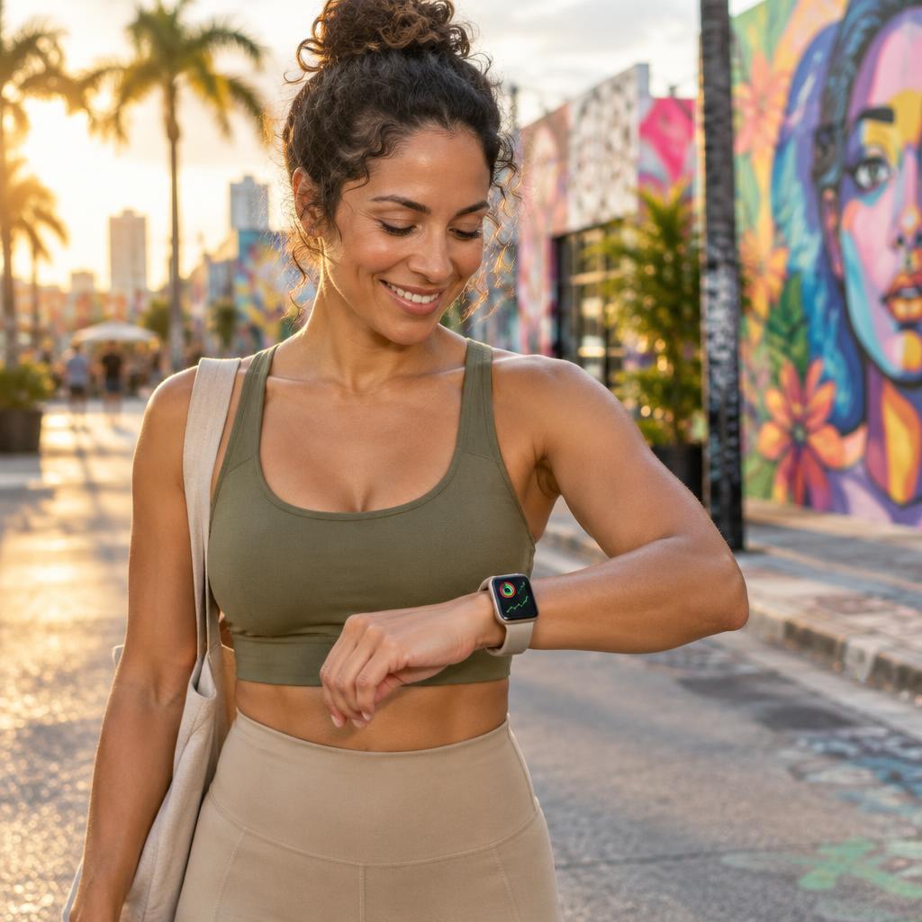 A member smiling while checking her results on a smartwatch