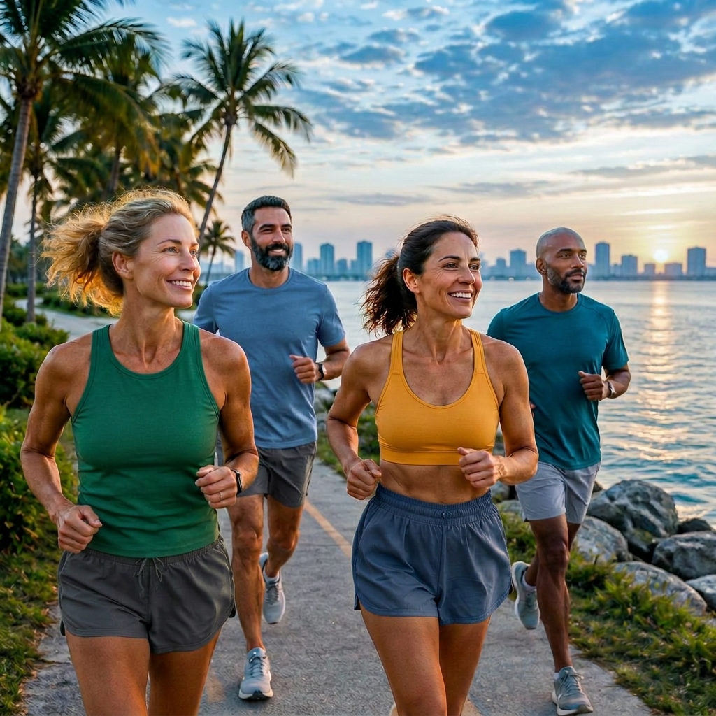 Members running together at sunrise