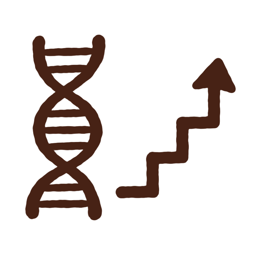 Hand-painted DNA strand and rising stepped arrow — results
